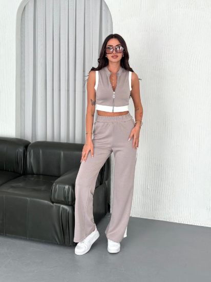 Osy Modal Yumuşak Dokulu Kumaş Tam Fermuarlı Crop Pantalon İkili Takım - Gri resmi